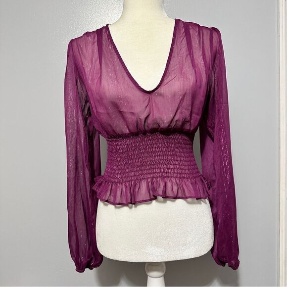 Forever 21 purple, sheer, long sleeve top with a tie on the back size S - Picture 1 of 5